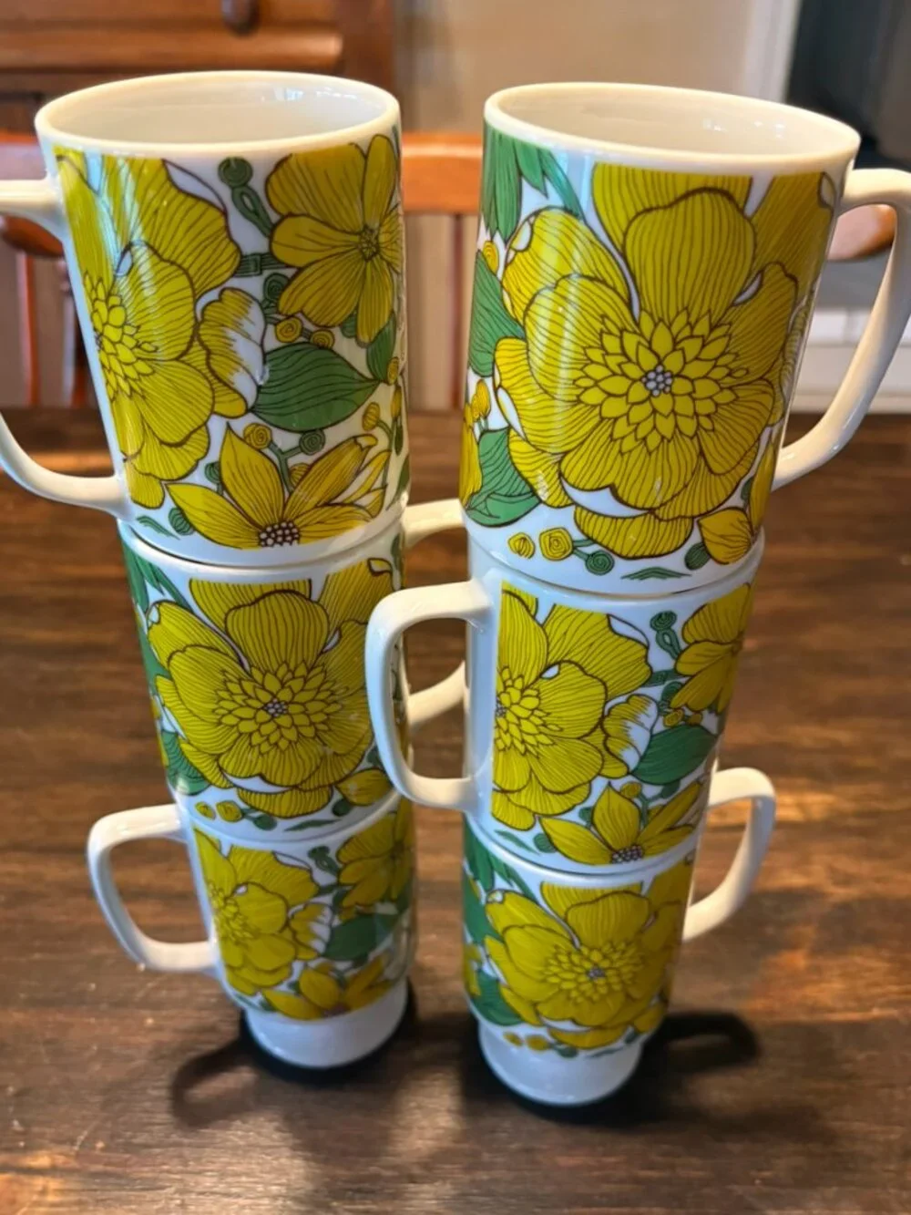 Vintage 1970s Goodwood Japan Yellow Floral Pedestal Mugs
